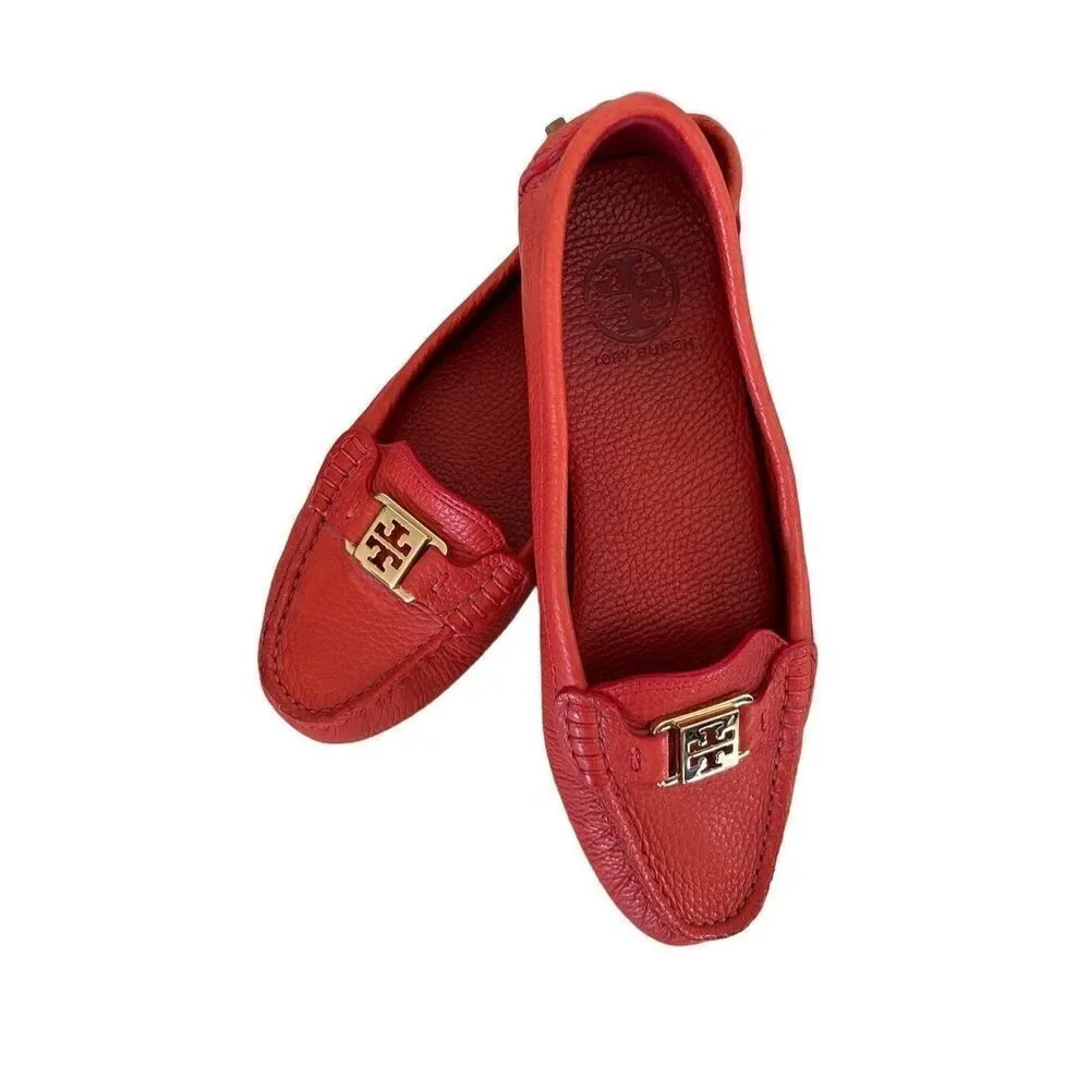 NWOB Tory Burch Kendrick Tumble Leather Orange Flats Loafers W/dustbag Women’s 8